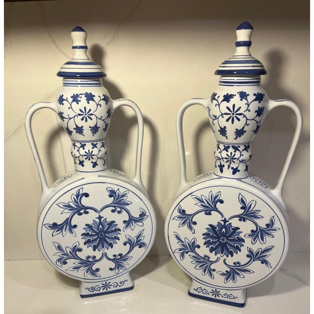 Mid 20th Century Vintage Pair of Blue and White Chinese Porcelain Moonflask (Urn, Vase) For Sale - Image 5 of 13