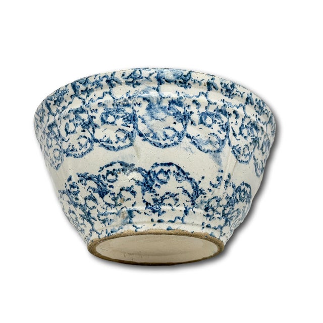 Beautiful Large 12 Inch Size Antique American Blue Spongeware Decorated Stoneware Kitchen Mixing Bowl - 1890s For Sale - Image 12 of 18