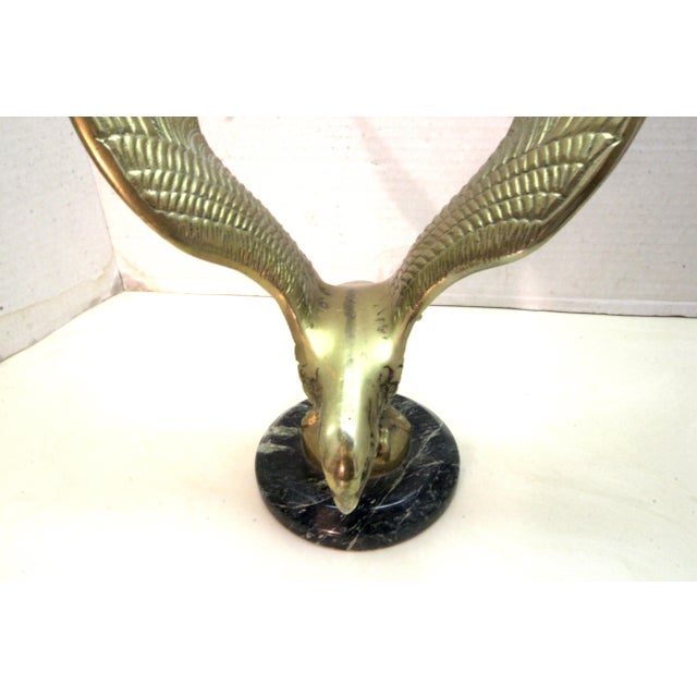 Vintage Cast Brass Eagle With Spanned Wings in Flight – Round Marble Base For Sale - Image 10 of 16