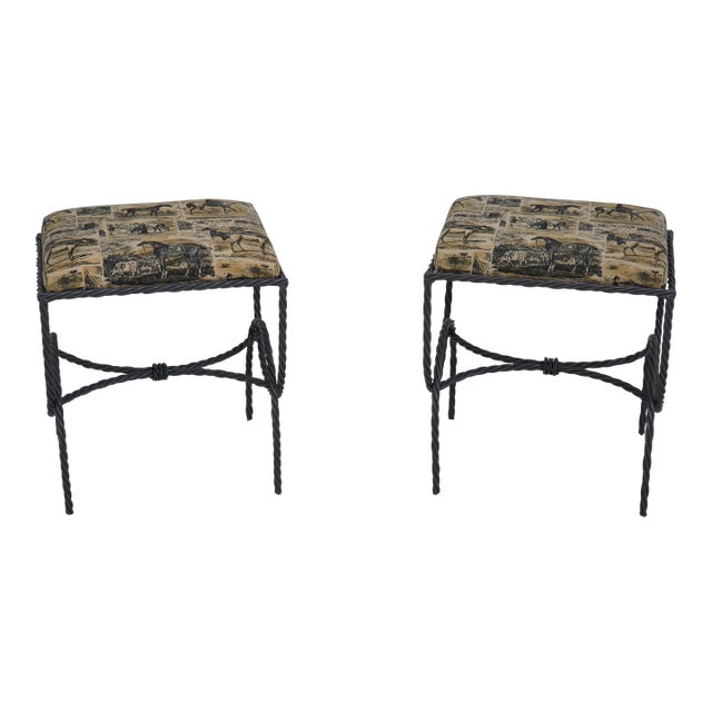 Pair Rope Twist Iron Horse Print Upholstered Benches For Sale