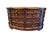 Oval wood coffee table featuring a dark finish and a total of 12 drawers—arranged in 6 pairs across both sides—fitted with...