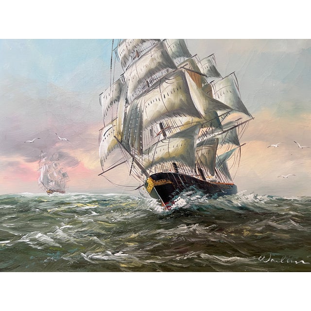 Vintage European Marine Original Oil Painting Tall Ship Seascape Signed Framed For Sale In Jacksonville, FL - Image 6 of 7