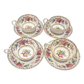 Set of 4 Vintage a.b.j. Crafton Malvern Demitasse Tea Cups & Saucers – Floral Gilt China For Sale