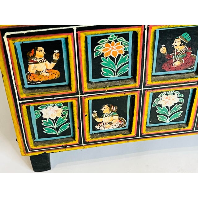 Antique Indian Moghul Dowry Chest Hand Carved Wood Trunk Jewelry Storage For Sale In Chicago - Image 6 of 9