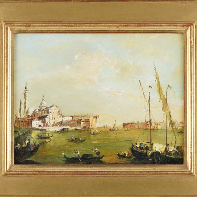A 19th-century Italian oil on canvas vedutina painting, capturing San Giorgio Maggiore across the Grand Canal. Gondolas...