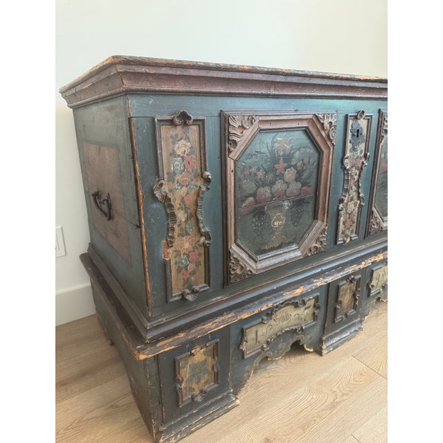 Mediterranean European Large Antique Painted Dowry ,Trunk ,From 1794, Made From Two Pieces , Open Top For Sale - Image 3 of 12