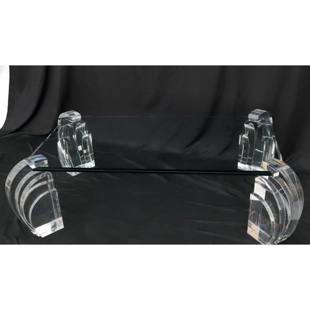Neal Small Large Oversized Lucite Base Glass Top Base Coffee Table Rectangular Cut Corner For Sale - Image 4 of 13