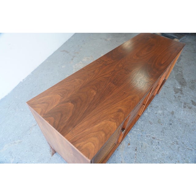 1960s Mid Century Modern Walnut Cane Front Media Console Credenza by