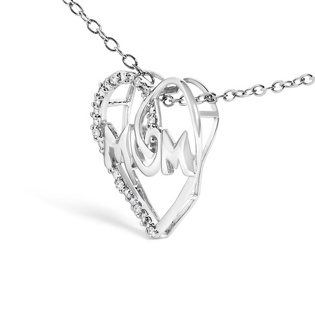 Contemporary .925 Sterling Silver Diamond Accent MOM Heart Pendant Necklace (J-K Color, I2-I3 Clarity) - 18" Inches For Sale - Image 3 of 5