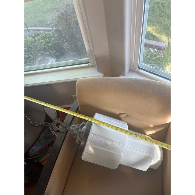 Antique Art Deco Opaline Floral Embossed Milk Glass Pendant Light For Sale In Reno/Lake Tahoe - Image 6 of 9