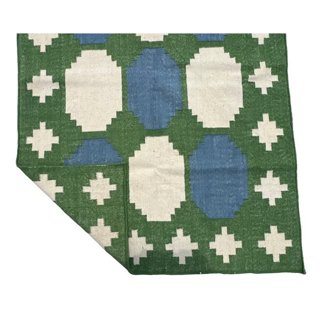 Not Yet Made - Made To Order Handmade Woolen Dhurrie Runner, Moss Green, White and Sky Blue Swedish Tile Runner- 3.5'x10' For Sale - Image 5 of 13