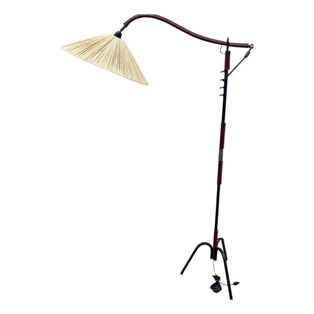 Adjustable Floor Lamp in Metal Covered with Burgundy Leather by Jacques Adnet, 1950 For Sale