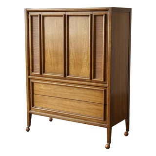 1960s Thomasville Mid-Century Modern Walnut & Cane Gentleman’s Chest / Highboy Dresser For Sale