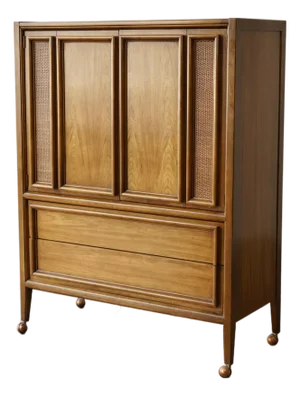 1960s Thomasville Mid-Century Modern Walnut & Cane Gentleman’s Chest / Highboy Dresser