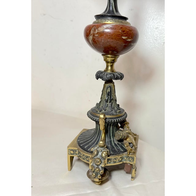 Metal Pair Antique Ornate 1800's Patinated Gilt Bronze Marble Neoclassical Candelabras For Sale - Image 7 of 14