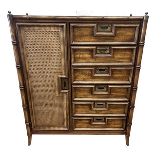 Vintage 1970s Stanley Furniture Faux Bamboo Gentleman’s Chest With Caned Door For Sale