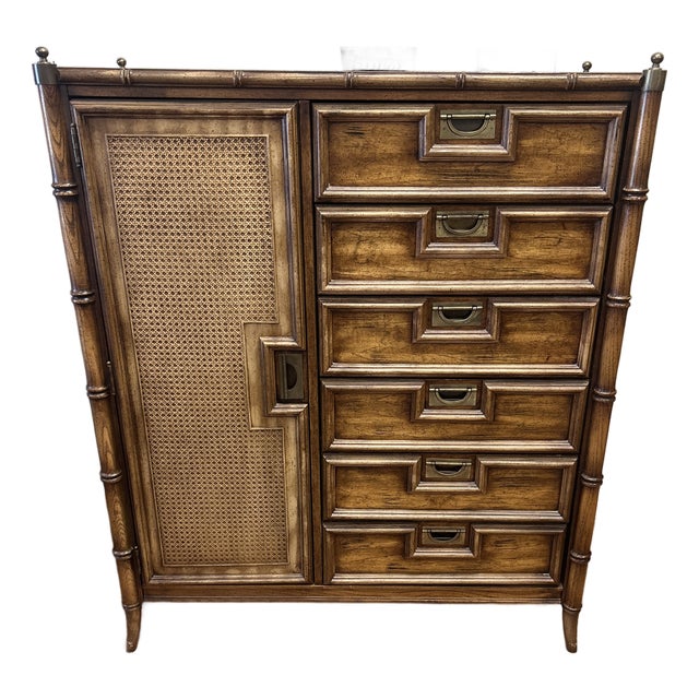 Vintage 1970s Stanley Furniture Faux Bamboo Gentleman’s Chest With Caned Door For Sale
