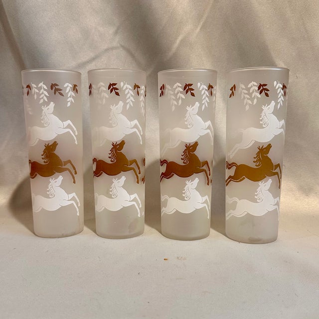 Vintage Art Deco style equestrian frosted white and gold tom collins bar glasses or ice tea glasses. About 7"H x 3"D, no...