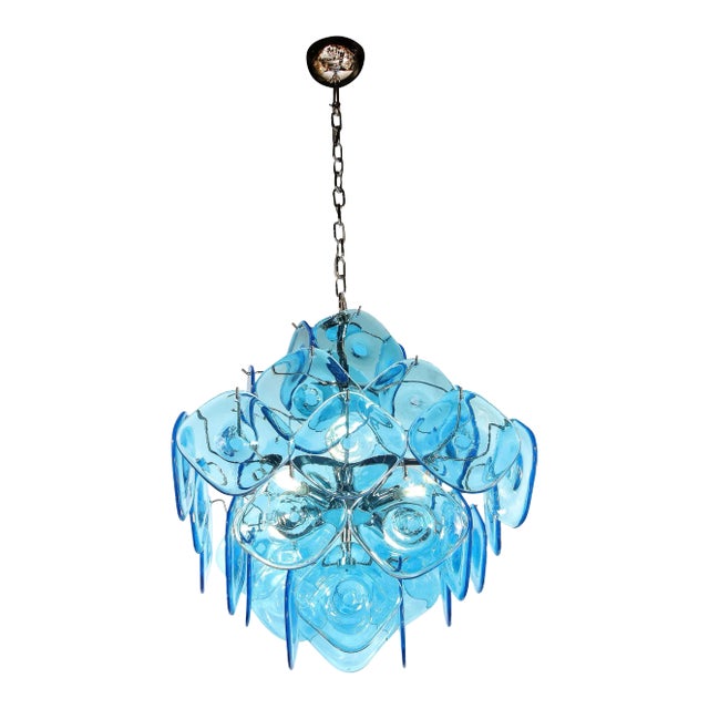 Modernist Pagoda Form Hand-Blown Cerulean Blue Murano Glass Chandelier For Sale