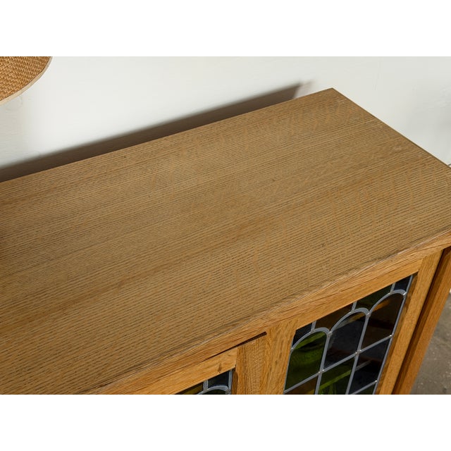 Metal Mid-Century Modern Oak Cabinet with Stained Glass Doors by Henning Kjærnulf, 1960s For Sale - Image 7 of 10
