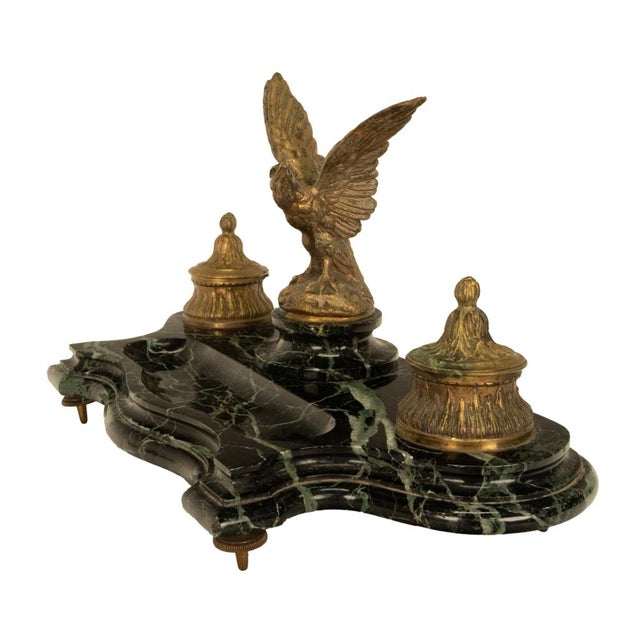 Metal Antique 19thC French Empire Gilt Bronze Marble Eagle Desk Set Twin Inkwell 1880 For Sale - Image 7 of 16