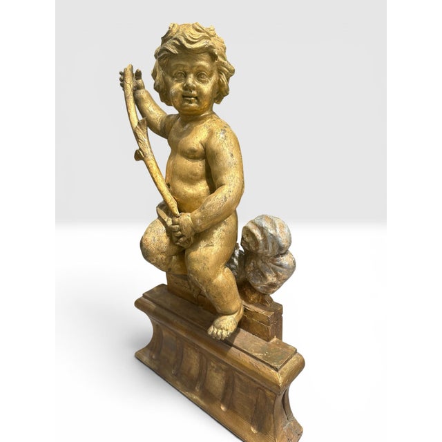 Wood Large 18th C. Italian Baroque Carved, Gilded, Silvered Wood Putto Figure Seated. For Sale - Image 7 of 9