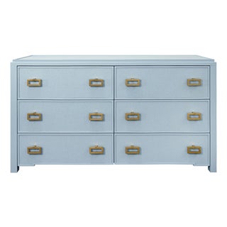 Matthew Izzo Home Atticus Matte Light Blue Six Drawer Chest With Grasscloth Drawer Fronts and Brass Hardware For Sale