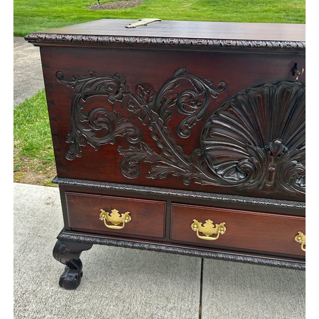 Late 19th Century Antique Solid Mahogany Shell Carved Claw Foot Centennial Blanket Chest For Sale - Image 5 of 17