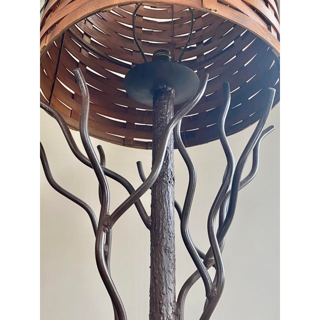 Tree-Like Welded Iron Floor Lamp With Woven Wood Shade For Sale - Image 11 of 17
