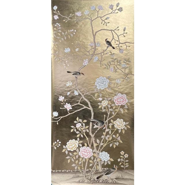 Chinoiserie Custom 3-Panel Gold Foil Handpainted Chinoiserie Mural Set For Sale - Image 3 of 4
