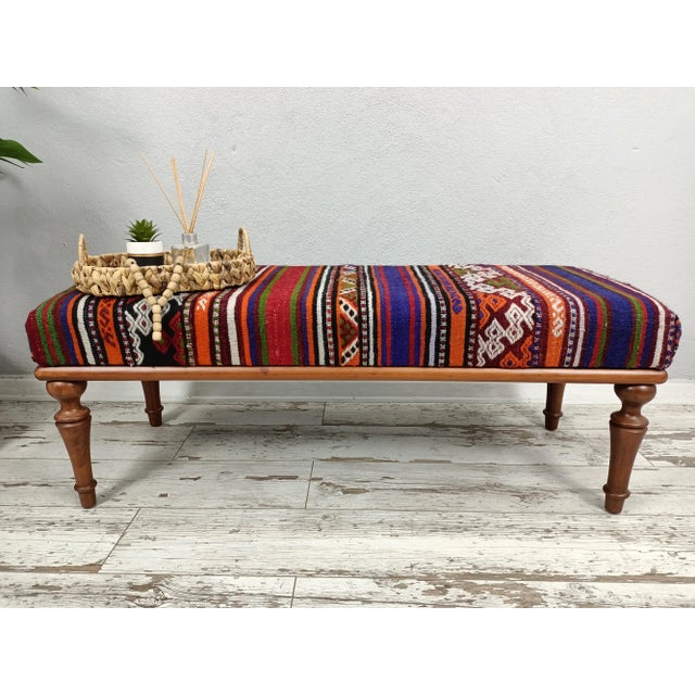 Contemporary Handmade Turkish Kilim Upholstered Dining Bench For Sale - Image 3 of 9