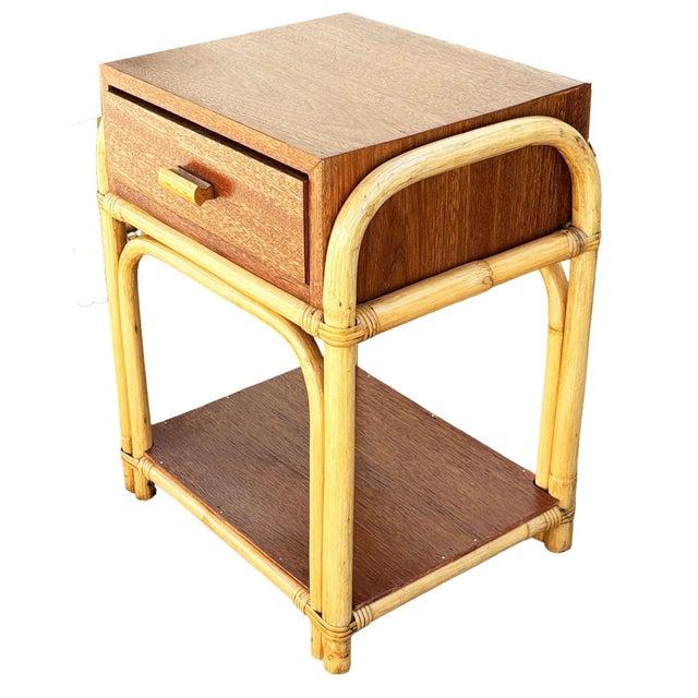 Mid-Century Modern 1950s Restored Rare Modernist Mahogany Nightstand W/ Arched Rattan Sides For Sale - Image 3 of 5