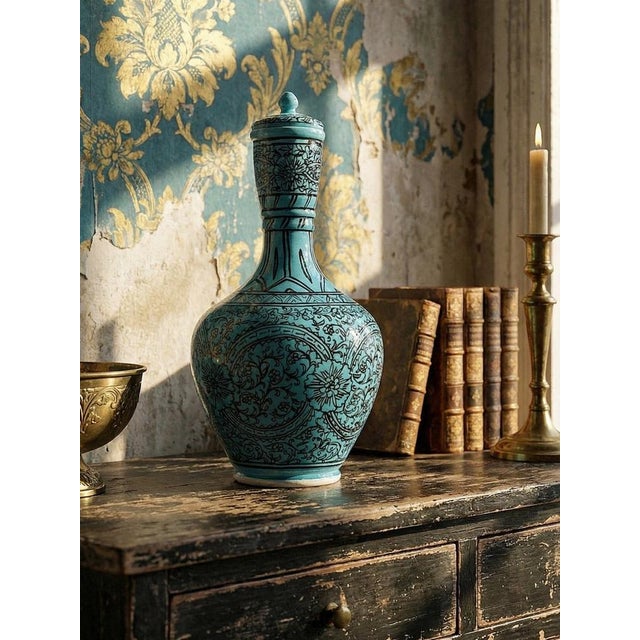 Rare and very beautiful covered vase or jar of Persian glazed pottery, Iznik, turquoise, entirely hand-painted with...