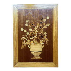Vintage Hand Made Inlaid Wood Plaque of a Bouquet of Flowers