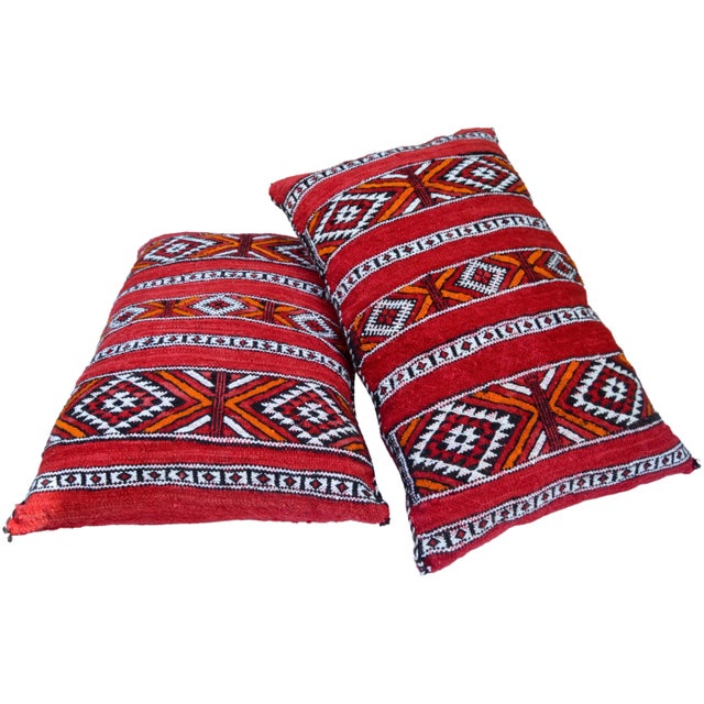 Red Vintage Handwoven Diamond-Patterned & Striped Berber Pillows - Set of 2 For Sale - Image 8 of 11