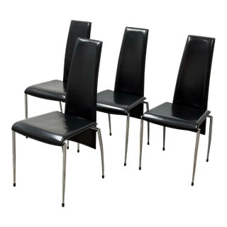 Arper Italian Black Leather Dining Chairs, Set of Four For Sale