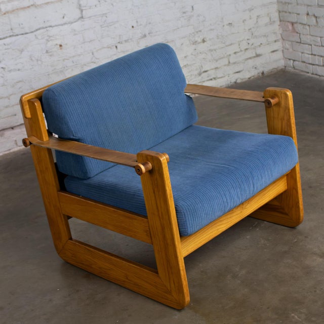 Wood Mid to Late 20th Century Scandinavian Modern Oak Safari Sling Club Armchair Tan Leather Arms & Blue Corduroy For Sale - Image 7 of 18