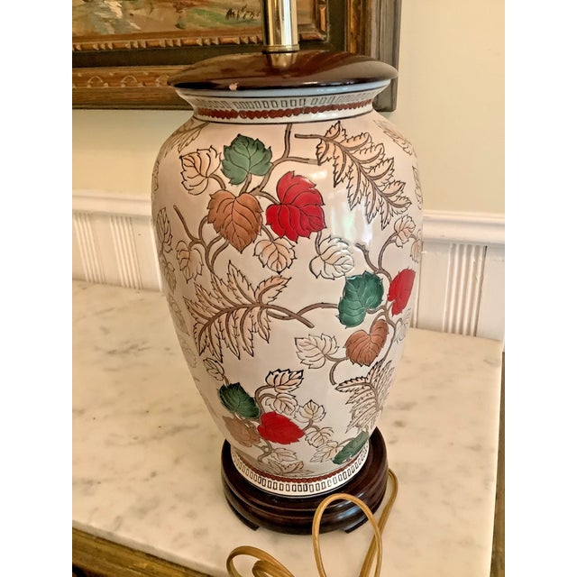 Vintage Chinoiserie Porcelain Hand Painted Wood Base Table Lamp For Sale - Image 4 of 5