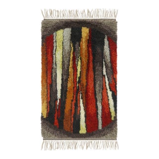 Vintage Swedish Rya Rug With Red-Orange Vertical Geometric Stripes - Rug & Kilim For Sale