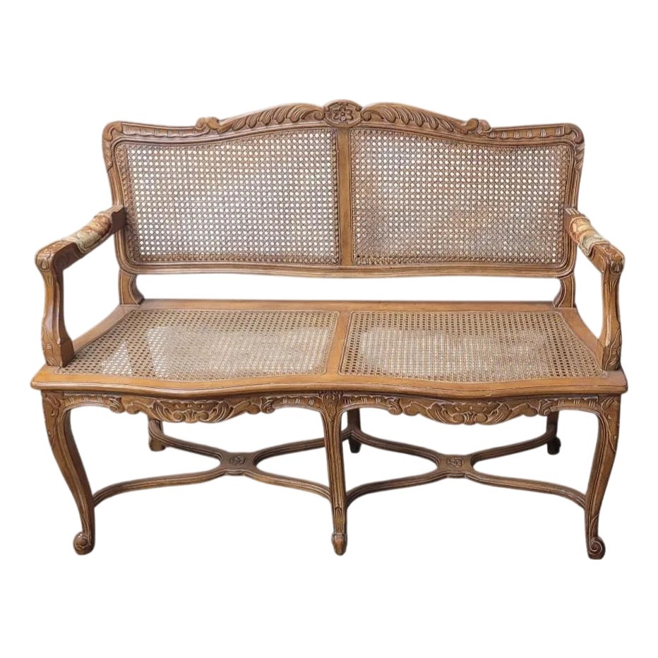 Vintage Country French Cane Bench | Chairish