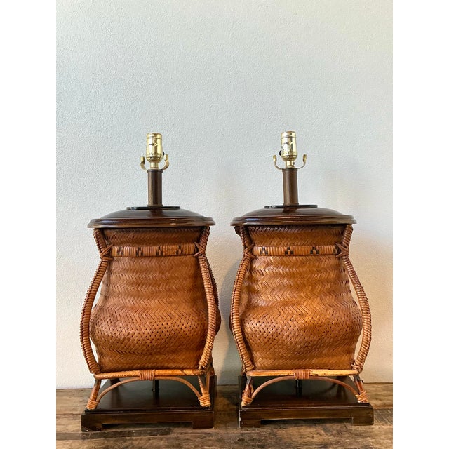 Brown Vintage Woven Rattan Basket Lamps - A Pair For Sale - Image 8 of 12