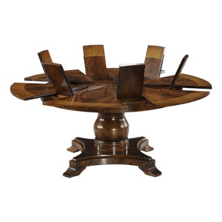 54 to 70 Inch Round Mahogany Jupe Table With Turned Column Base & Self-Storing Leaves, an Ap Exclusive by AntiquePurveyor For Sale