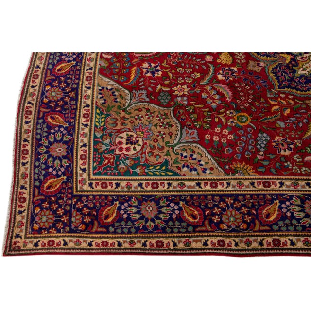 1960s Vintage Tabriz Red Handmade Medallion Wool Rug For Sale - Image 4 of 7