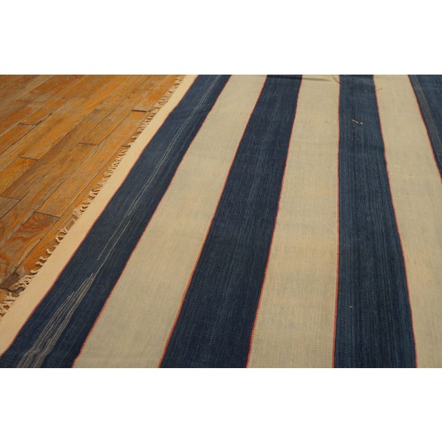 Early 20th Century 1920s Blue White Stripe Antique Agra Dhurrie Indian Rug 8'6" X 13'2" Flat Weave Cotton Carpet For Sale - Image 5 of 7