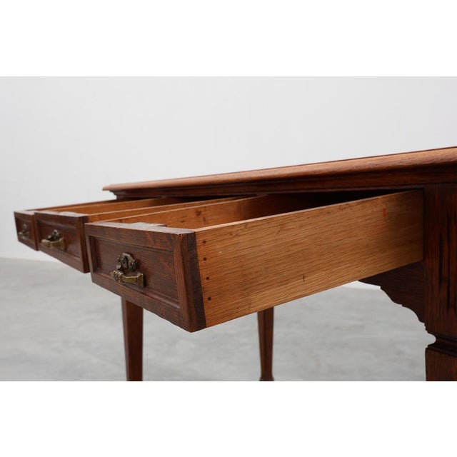 1920s Art Deco Carved Oak Table with Copper Details, Belgium, 1920s For Sale - Image 5 of 13
