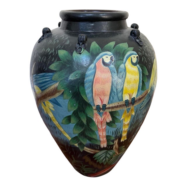 20th Century Hand-Painted Ceramic Urn With Rainforest & Parrot Motif For Sale