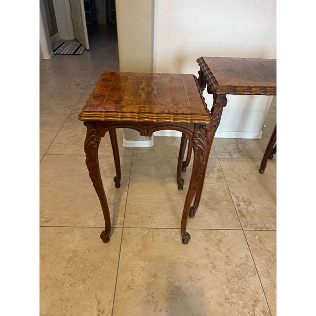 Set of 3 1930s Carved Burr Walnut Nesting Tables For Sale In Phoenix - Image 6 of 12