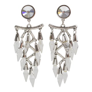 Silver Plate and Crystal Drop Dangle Pair of Clip Earrings For Sale