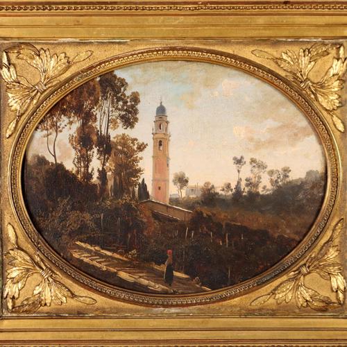 Rustic View of the Countryside with a Bell Tower, Oil on Canvas For Sale - Image 3 of 9