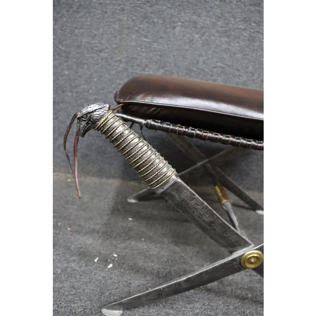 Brown Maitland-Smith Leather X-Base Stool With Cast Eagle Heads For Sale - Image 8 of 14